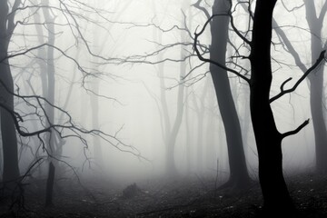 Misty spooky forest background, gloomy trees in scary horror foggy woods Happy Halloween dark night creepy nature mist fantasy atmosphere mystery dramatic landscape fall nightmare scenery. Copy space