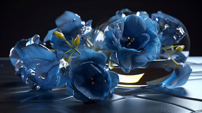 Hyper real glass flowers, blue organic twisting.