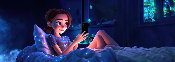 teenager girl in cartoon 3d style kid sneaking playing videogames or watching videos and social media late at night on smartphone glowing screen with copyspace wide banner - obrazy, fototapety, plakaty