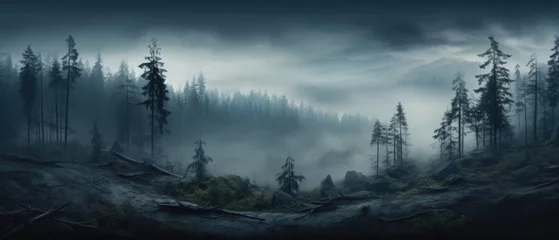 Wall murals Forest in fog Misty spooky forest background, gloomy trees in scary horror foggy woods Happy Halloween dark night creepy nature mist fantasy atmosphere mystery dramatic landscape fall nightmare scenery. Copy space