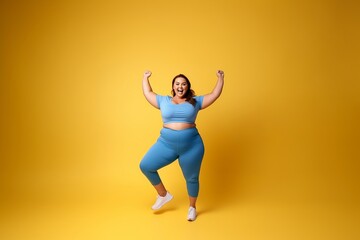 Fototapeta na wymiar young happy full body plus size fat woman doing exercise