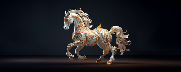 home decorative beautiful precious stones studded horse with floral pattern sculpture or figurine art piece in classic antique collector style as banner for home decor interior design with copy space
