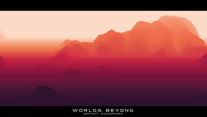Fog over mountains. Vector landscape panorama. Abstract red gradient eroded terrain. Worlds beyond.