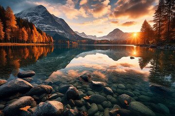 fantastic autumn sunset on a lake. High quality photo - obrazy, fototapety, plakaty