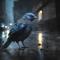a lonely blue bird in a gloomy and rainy city environment with soft focus cinematic background created with using Generative AI Technology