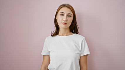 Obraz premium Young woman standing with serious expression over isolated pink background