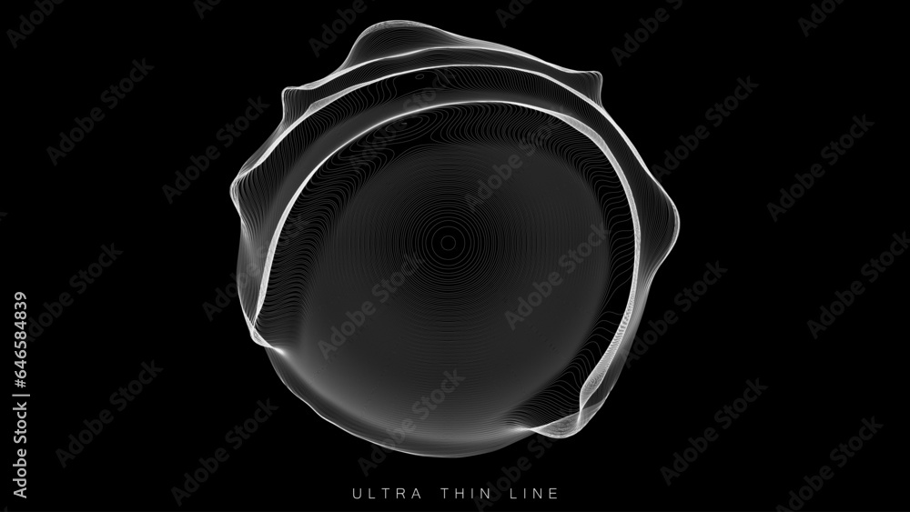 Poster ultra thin line fluid geometry. dynamic vector distorted spheres.