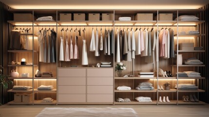 Fototapeta Modern style wardrobe, Illuminated and organized. Generative AI obraz
