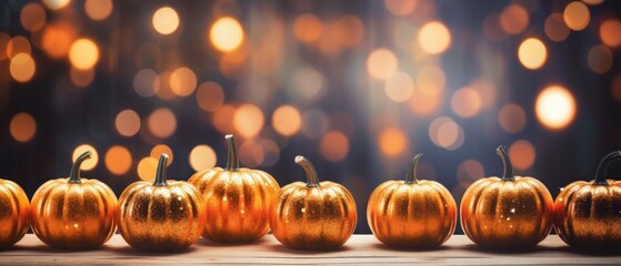 Happy Thanksgiving season celebration traditional pumpkins on decorated wooden table with lights fall background. Halloween decorations wood illuminated autumn cozy backdrop, copy space.