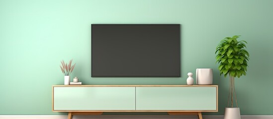 TV mockup on mint wall in Japanese living room.