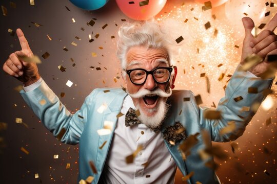 Portrait of a happy senior man having fun during a birthday party. Generative AI