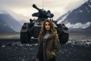 woman standing in front of a military vehicle