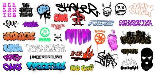 Street graffiti and urban wall, hip hop culture in street art - graffiti, tags, gang symbols, gothic lettering, street art with spray effect, spatter and dripping paint. Hip hop vector for streetwear