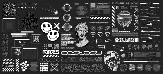 Futuristic typeface graphic in sci-fi art style, lettering, HUD and y2k elements. Cyberpunk art graphic box for streetwear, t-shirt, typography, merch. Translation from Japanese - the future is now © SergeyBitos