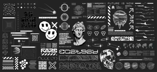 Fototapete Graffiti-Collage Futuristic typeface graphic in sci-fi art style, lettering, HUD and y2k elements. Cyberpunk art graphic box for streetwear, t-shirt, typography, merch. Translation from Japanese - the future is now