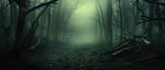 Misty spooky forest background, gloomy trees in scary horror foggy woods Happy Halloween dark night creepy nature mist fantasy atmosphere mystery dramatic landscape fall nightmare scenery. Copy space