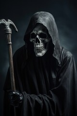 Scary creepy dead grim reaper, spooky death old monster skull face devil ghost gothic nightmare haunted evil hell demon Happy Halloween dark horror graveyard smoke background.
