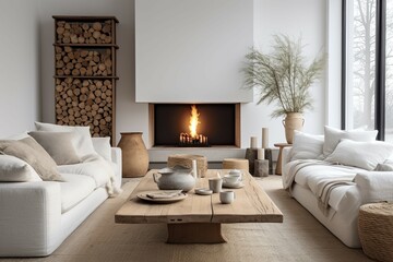 Fireplace against white sofa and rustic wooden coffee table. Scandinavian style home interior design of modern living room.