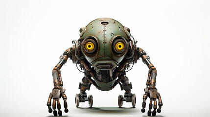 An isolated hydraulic dystopian green and rusty humanoid robot with long arms on the ground, white background. Generative AI.