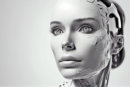 The face of a humanoid robot on an isolated background and close-up. Generative AI