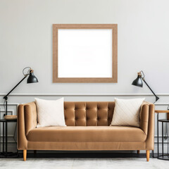 Interior of modern living room with beige sofa, coffee table, lamp and blank picture frame. Mock up Generative AI 