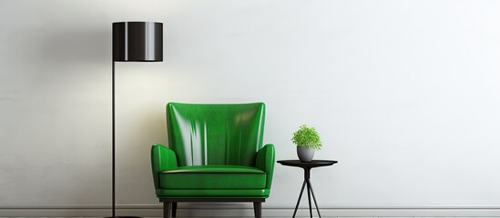 Green chair and black lamp on a white wall with a coffee table.