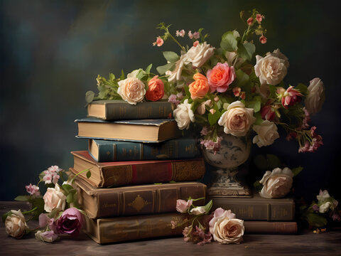 Vintage stacked books and roses against a green background.  