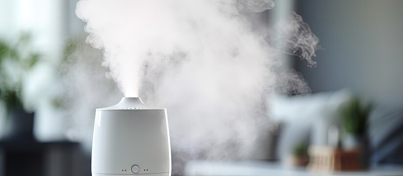 White air humidifier converts water into steam, providing comfortable daily life, promoting air purity and healthcare. Close-up photo with selective focus on vapor. Copy space.