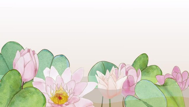 animated background of water lilies in hand drawn watercolors