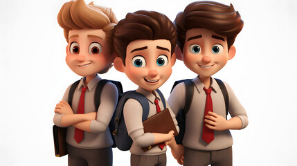 3D Cartoon Character Group - Cute Student Boys Isolated
