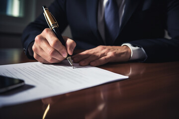 close-up of a man's hands signing a contract. concept of luxury, real estate, company, business.