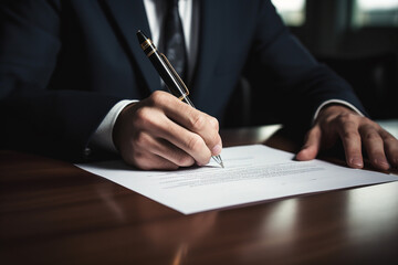 close-up of a man's hands signing a contract. concept of luxury, real estate, company, business.