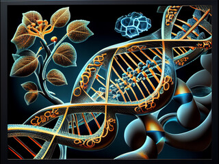 Image of chromosomes and DNA code in futuristic and plant style. Generative AI