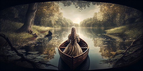 Image of a girl in an old wooden boat on a secluded fabulous forest lake, view from the back. Generative AI