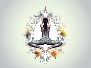 An image of a young woman in one of the yoga poses, in an esoteric style and on a uniform gray background. Generative AI