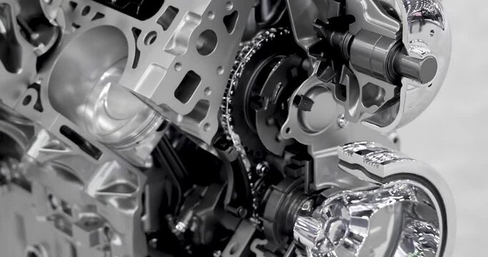 Close up view of cut section of shiny Automotive Internal combustion.