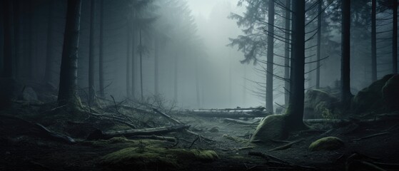 Misty spooky forest background, gloomy trees in scary horror foggy woods Happy Halloween dark night creepy nature mist fantasy atmosphere mystery dramatic landscape fall nightmare scenery. Copy space