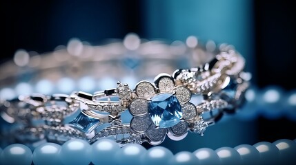 An abstract backdrop, aquamarine-blue sapphire and diamonds bracelet on defocused dark background. AI generated digital design.