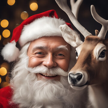 Close-up retrato de Santa Claus papá Noel sonriendo junto a un reno 
