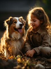 happy child with dog showing loving connection. generative AI