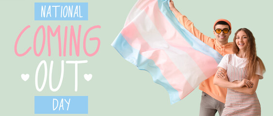 Banner for National Coming Out Day with young couple holding transgender flag