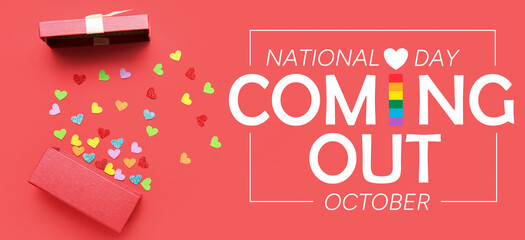 Banner for National Coming Out Day with box and confetti