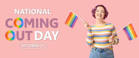 Banner for National Coming Out Day with young woman and rainbow flags