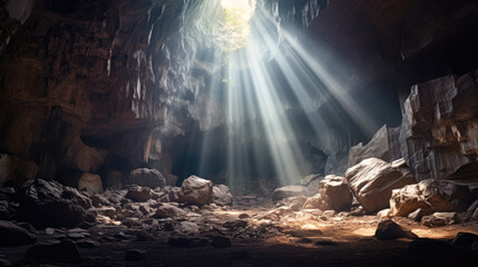 Light rays shining inside cave. Generative AI