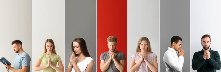 Set of many praying people on color background - obrazy, fototapety, plakaty
