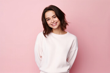 Obraz premium Beautiful brunette woman wearing white sweatshirt mockup in studio against pink background, young woman wearing white sweatshirt mockup. Basic sweatshirt template.