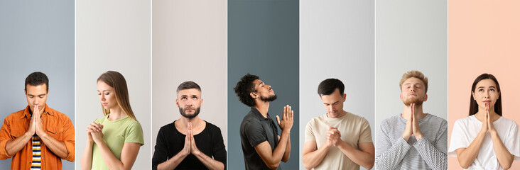 Set of praying people on color background - obrazy, fototapety, plakaty