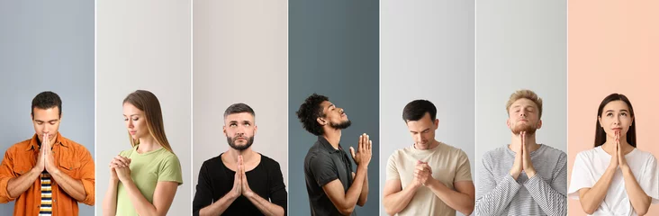 Foto op Plexiglas Set of praying people on color background © Pixel-Shot