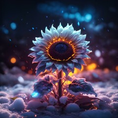 beautiful white sunflower covered with snow with attractive light and details 