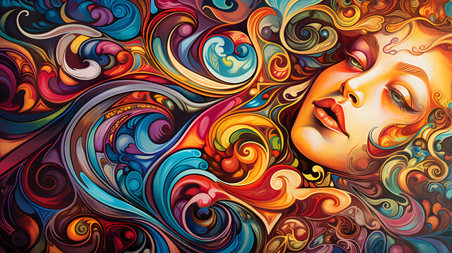 a psychedelic style, with swirling, kaleidoscopic colors.
